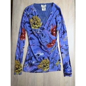 FUZZI by Jean Paul Gaultier Blue Floral Mesh Wrap Top Longsleeve XL